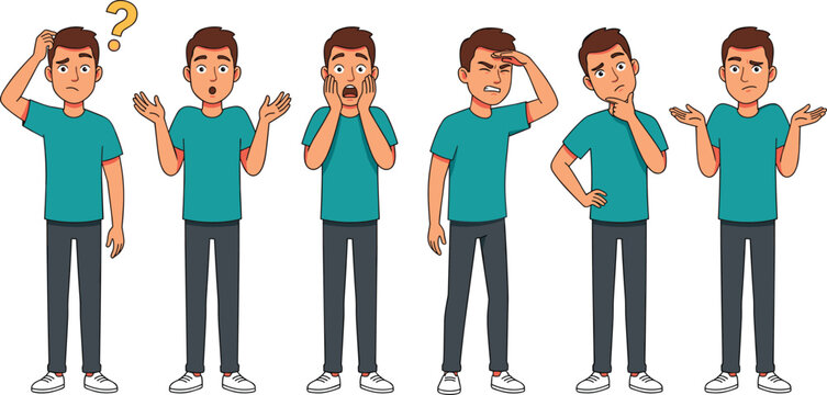 Young man character vector set showing confused expressions, shrugging, feeling shocked, thinking deeply, and looking around for problem solving graphic designs