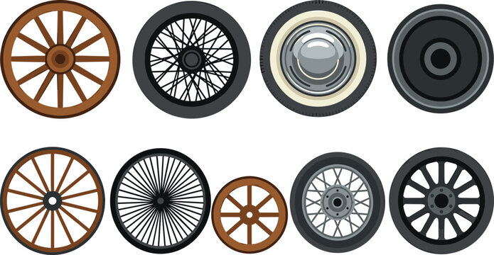 Vintage wheel vector set featuring classic wooden wagon wheels retro wire spoked rims hubcaps and modern car tires for automotive history graphic designs