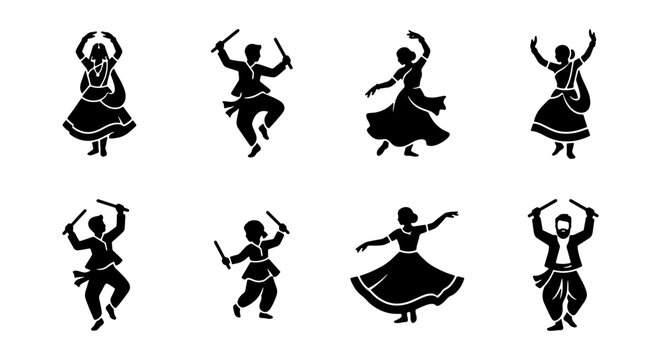 Indian Garba Dance Silhouettes, 8 Figures Set, Traditional Festive Celebration Vector Icons