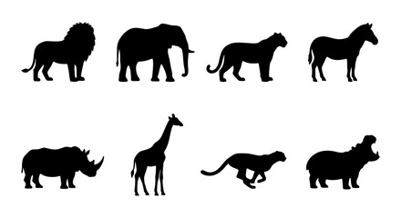 African Wildlife Silhouettes: Lion, Elephant, Giraffe, Rhino, Hippo, Cheetah, Zebra, Leopard Vector Set © Munir