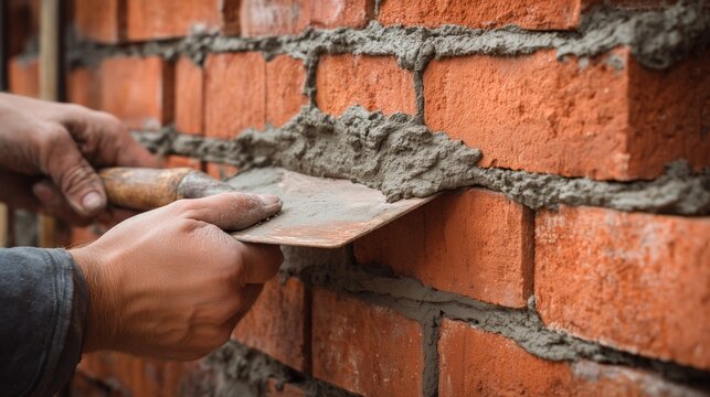 Bricklayer applying a fresh layer of mortar to a brick wall