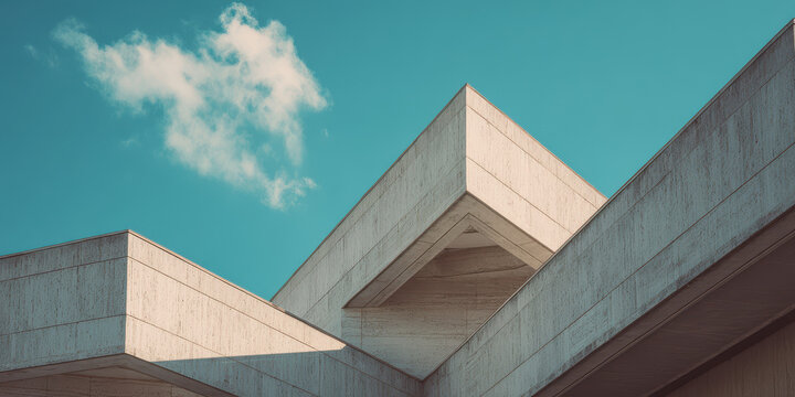 Abstract Brutalist Concrete Architecture with Geometric Angles Against Teal Sky.