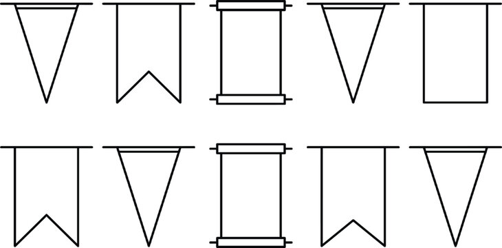 Minimalist party bunting flag garland and vintage scroll line art vector icon collection set for celebration decoration design