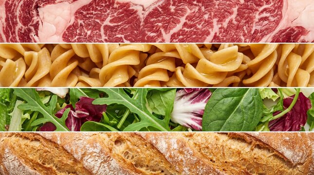 A visually appealing collage of four distinct food items: raw marbled beef, golden rotini pasta, fresh green salad with red leaves, and crusty artisanal bread
