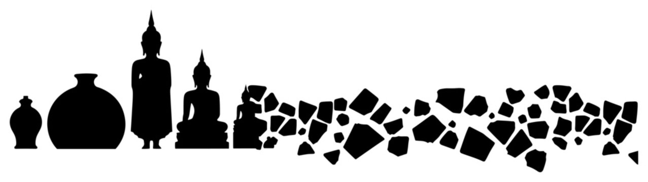 Buddha statues and pottery silhouettes breaking into stone fragments