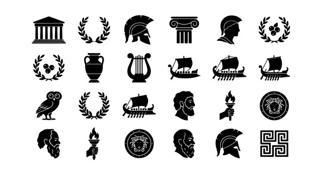 Ancient Greek Icons Set: Temple, Laurel Wreath, Helmet, Amphora, Lyre, Ship, Owl, Medusa, Meander Pattern