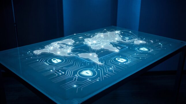 A futuristic holographic display of a world map on a table, with glowing circuits and lock symbols, representing global connectivity and security
