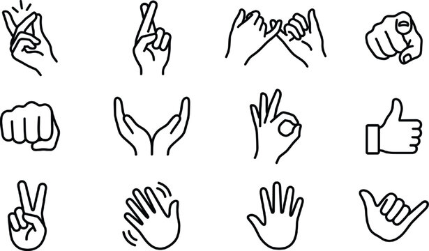 Minimalist hand gesture line art vector icon set with thumbs up pinky swear snap and fingers crossed signs