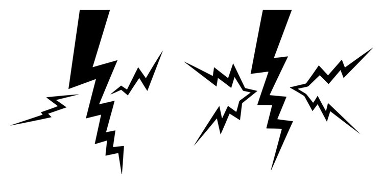 Jagged lightning bolt silhouettes and flash symbols in flat vector style