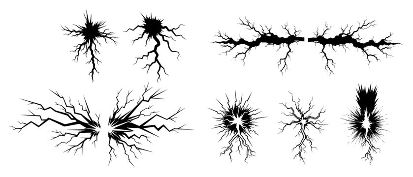 Wall cracks and ground fissure silhouettes in hand drawn ink style