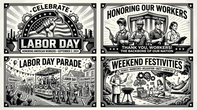 Vintage labor day illustrations american workers parades and celebrations