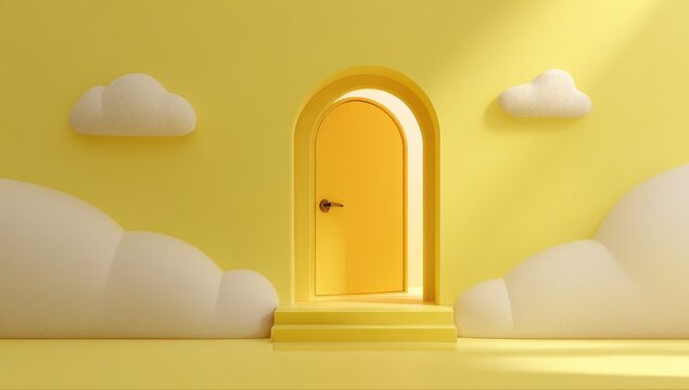 A whimsical, yellow illustration depicts an arched door bathed in light, suggestive of an opening or new beginnings. Fluffy clouds flank the entrance