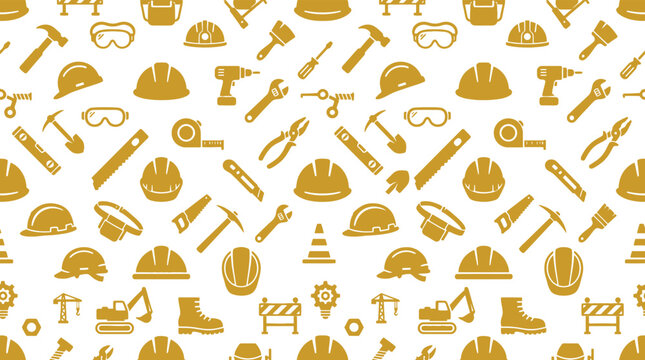 Construction tools and safety equipment pattern golden icons on white