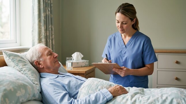 Home nurse taking notes on a clipboard while an elderly man rests in bed. Professional healthcare monitoring and palliative care. Geriatric nursing check-up at home