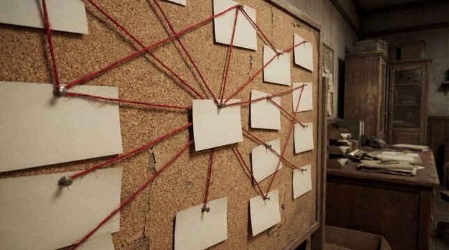 A corkboard with notes and red string connecting them, indicating a complex investigation or planning process