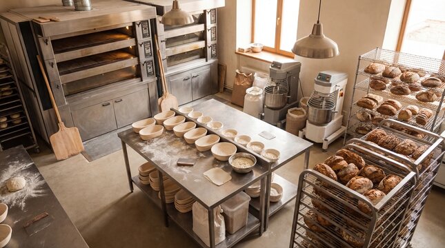 A traditional bakery with baking ovens, a workbench with bowls of dough, and racks filled with freshly baked bread