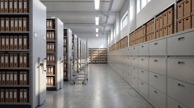 An organized archive or storage facility with rows of shelves filled with files and boxes. The space appears well-lit and structured.