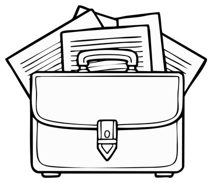 Black and white illustration of a business briefcase with papers sticking out depicting office life