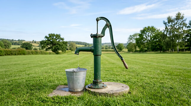 Vintage Green Hand Pump with Metal Bucket Standing on a Lush Green Rural Field Landscape