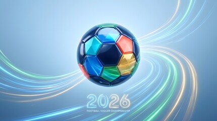 Naklejka premium 2026 Football Soccer Championship Concept Art with Colorful Glossy Ball and Dynamic Glowing Light Trails on Blue Background