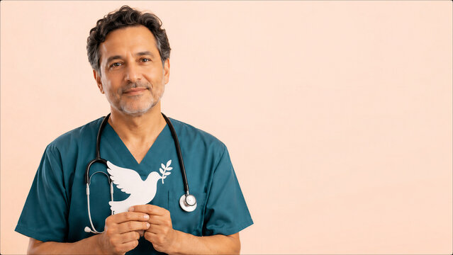 Male doctor holding dove symbol for peace. International Doctors of the World for Peace and humanitarian medicine. Copy space for text