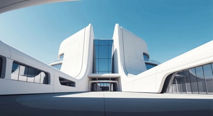 Fototapeta premium Modern Futuristic Architectural Building with Curved White Facade and Glass Windows.