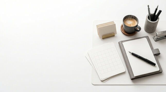 A clean and organized desk setup featuring a notebook, pen, coffee, and office supplies, perfect for a productive workspace.