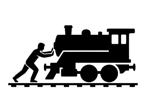 A symbolic high effort vector design portraying an individual single handedly trying to move a massive retro train, representing extreme challenges, industrial transport momentum, and willpower