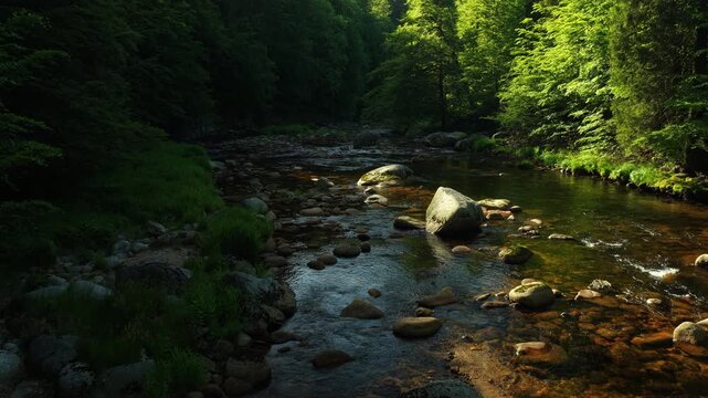Beautiful Sunrise In Sunny Spring Forest with Mountain River . Sunlight Sunbeams Through Woods In Forest Landscape with Authentic Nature Sound