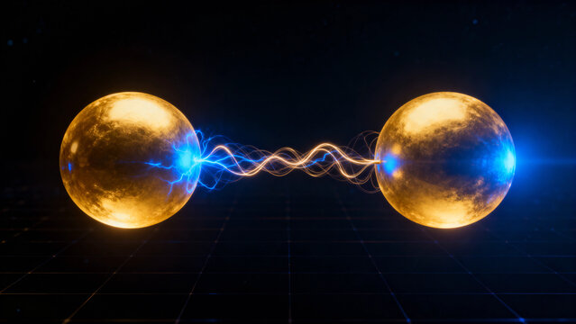 Striking abstract visualization of quantum entanglement with two golden spheres connected by electric light filaments, simultaneously pulsing with blue light against a dark quantum field background.