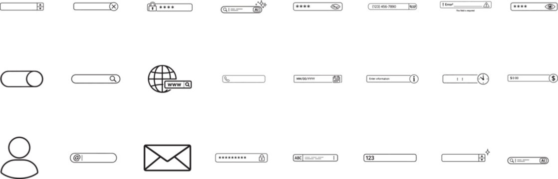 Text input field line icon set with username, password, email, calendar and dollar UI form symbols.
