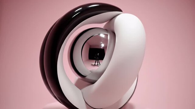 Interlocking Abstract Ring Sculpture with Glossy Surfaces on Pink Background