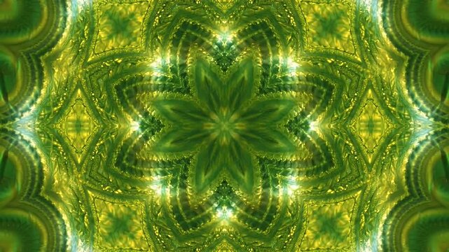 Intricate Kaleidoscopic Green and Yellow Mandala Pattern with Floral Starburst