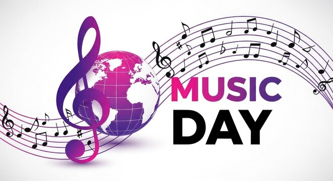 Creative banner for World Music Day celebration featuring a detailed treble clef purple wave lines style