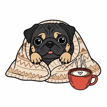 Cozy Pug's Warm Embrace and Sweet Sips