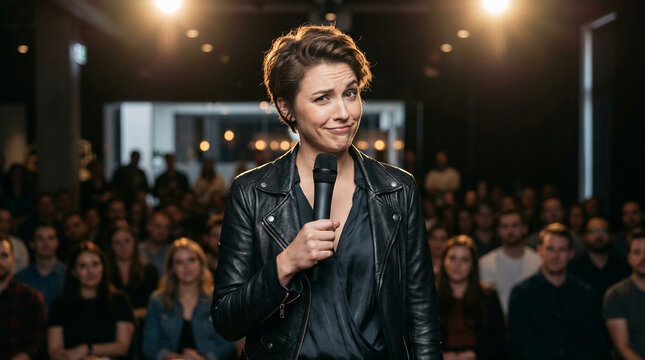 Comedian on stage with microphone, making a funny face at the audience