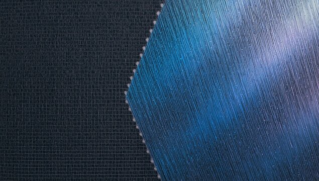A close-up view of textured surfaces featuring dark and iridescent colors with hexagonal and linear patterns
