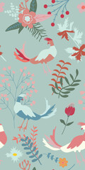 Obraz premium Seamless Folk Art Bird and Floral Pattern on Blue Background