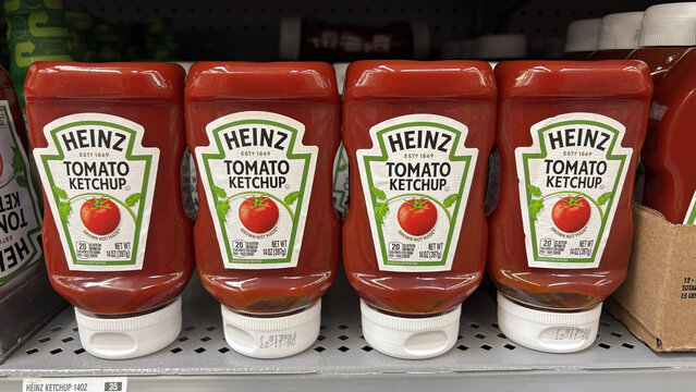 Heinz Tomato Ketchup display. Heinz Tomato Ketchup is made from American grown, high-quality, non-GMO tomatoes.
