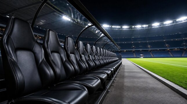 Empty benches and substitutes seats on the sidelines are illuminated by floodlights.