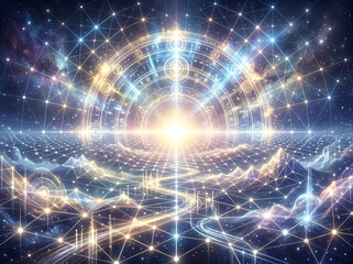 Obraz premium Vibrant Digital Network Connection with Glowing Lines and Stars in Space