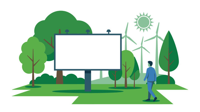 A man looking at a blank billboard in a green environment.