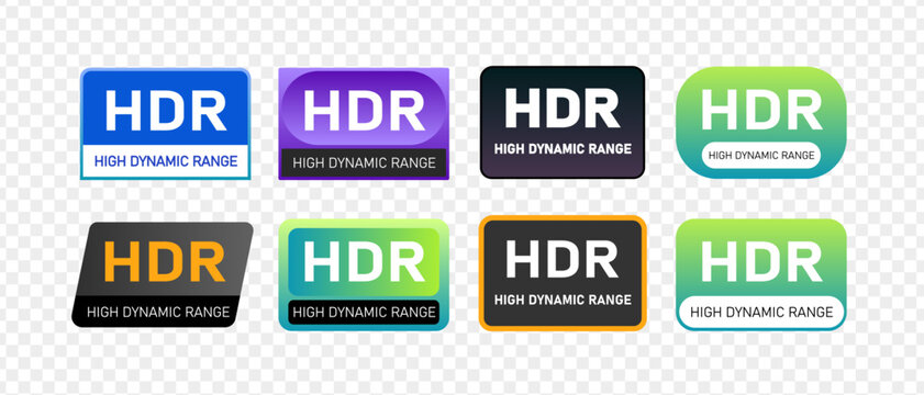HDR High Dynamic Range icon set. Collection of colorful logos for video and photo technology. Vector symbols on transparent background