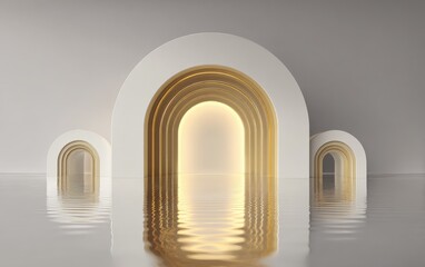 Fototapeta premium Architectural design featuring three arched portals reflecting in a calm, flooded surface with a warm, glowing light within the central opening