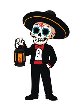 Day of the Dead Skeleton Holding Lantern Vector
