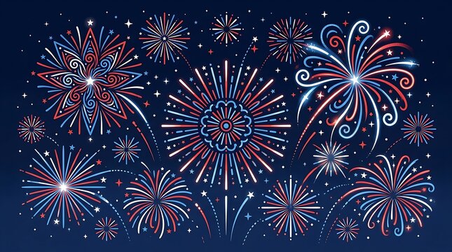 Illustrative depiction of colorful fireworks exploding against a deep blue night sky with twinkling stars