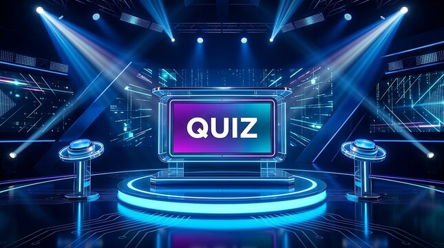 A futuristic quiz show podium with buzzers and bright stage lights on a dark background