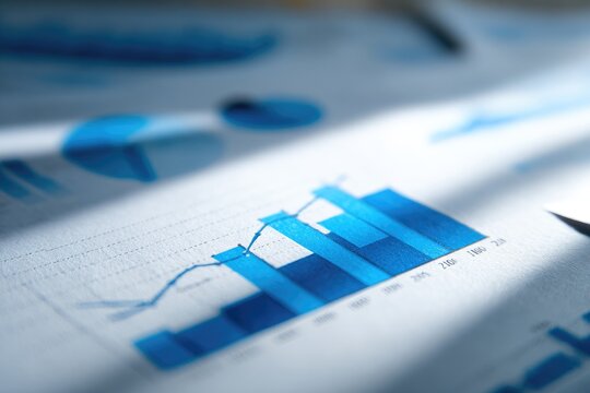 Close-up image showcasing blue and white business charts and graphs with a shallow depth of field, illuminated by natural light