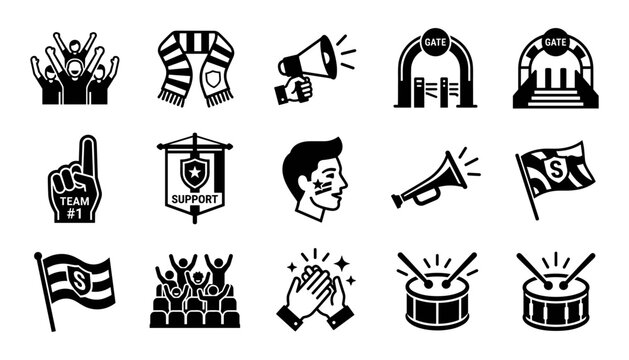 Sports fanatic glyphs vector icons for stadium events cheerleading and game day support