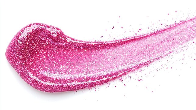 vibrant, glittery magenta pink streak of liquid makeup or gel, possibly lip gloss or glitter, is swiped diagonally across a pristine white background. 